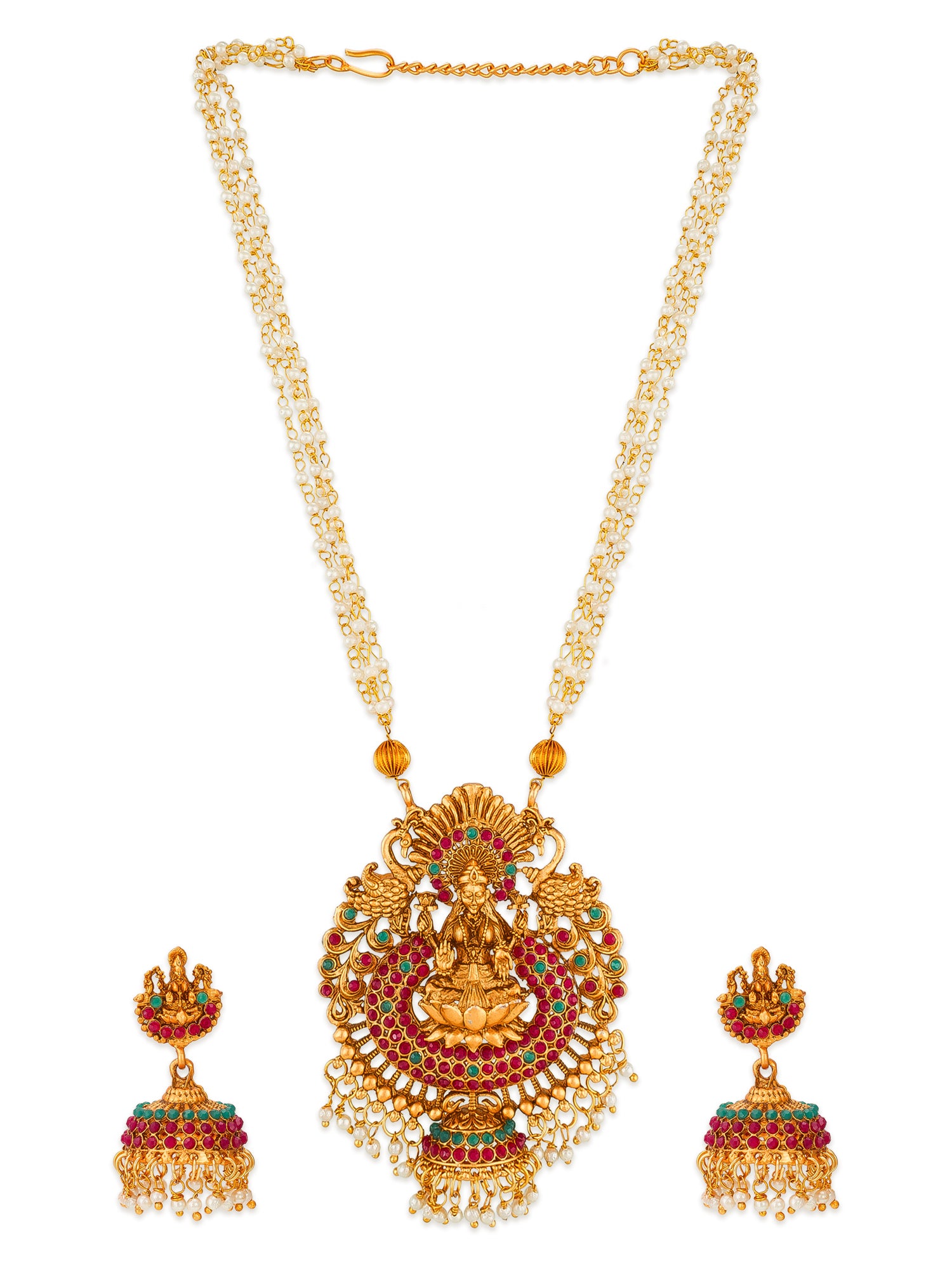 Aadita Antique Gold Lakshmi Long Temple Necklace Set with Stones, Pearl Chain and Jhumka Earrings