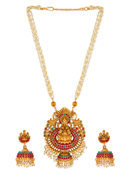 Aadita Antique Gold Lakshmi Long Temple Necklace Set with Stones, Pearl Chain and Jhumka Earrings