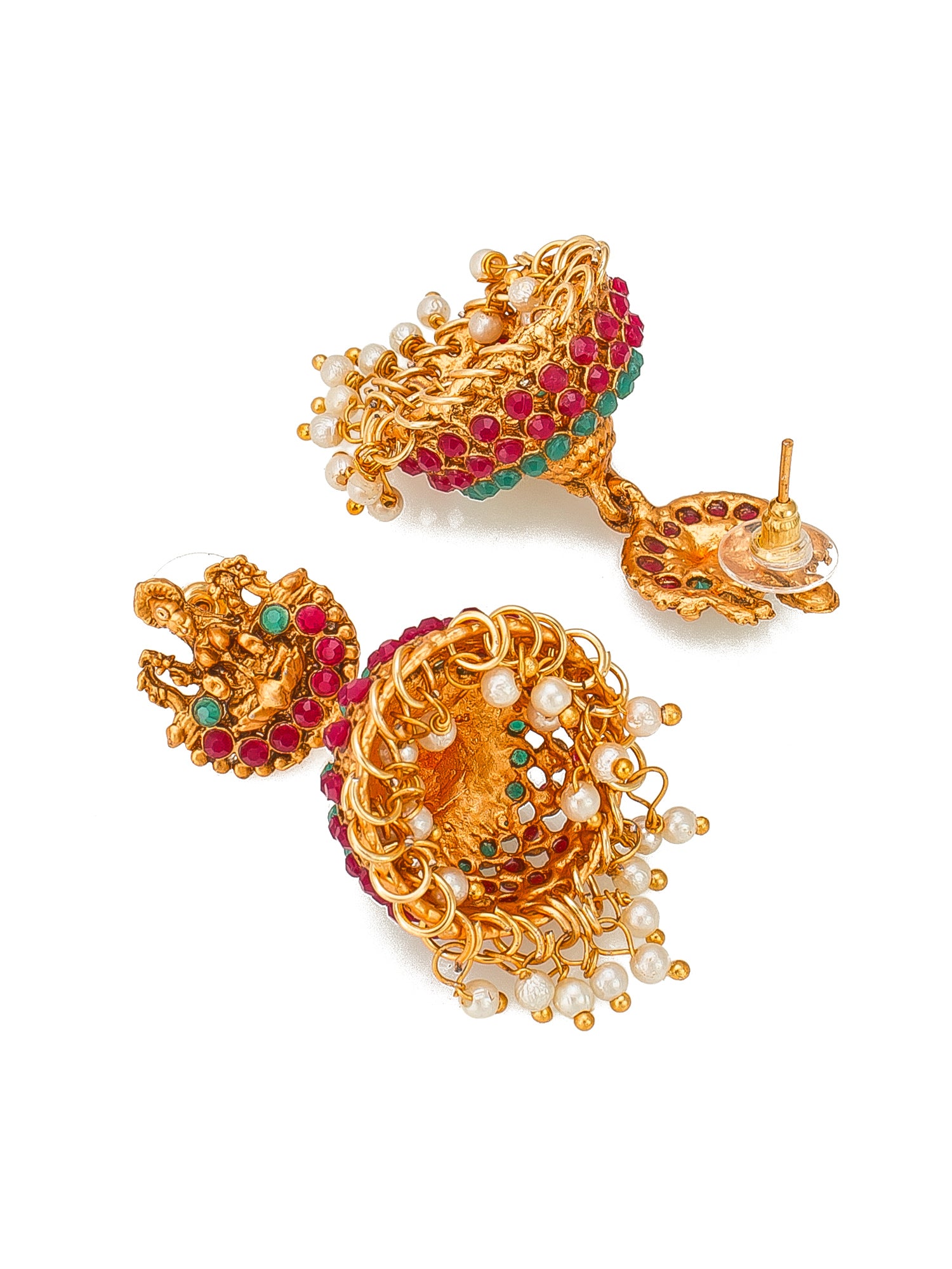 Aadita Antique Gold Lakshmi Long Temple Necklace Set with Stones, Pearl Chain and Jhumka Earrings
