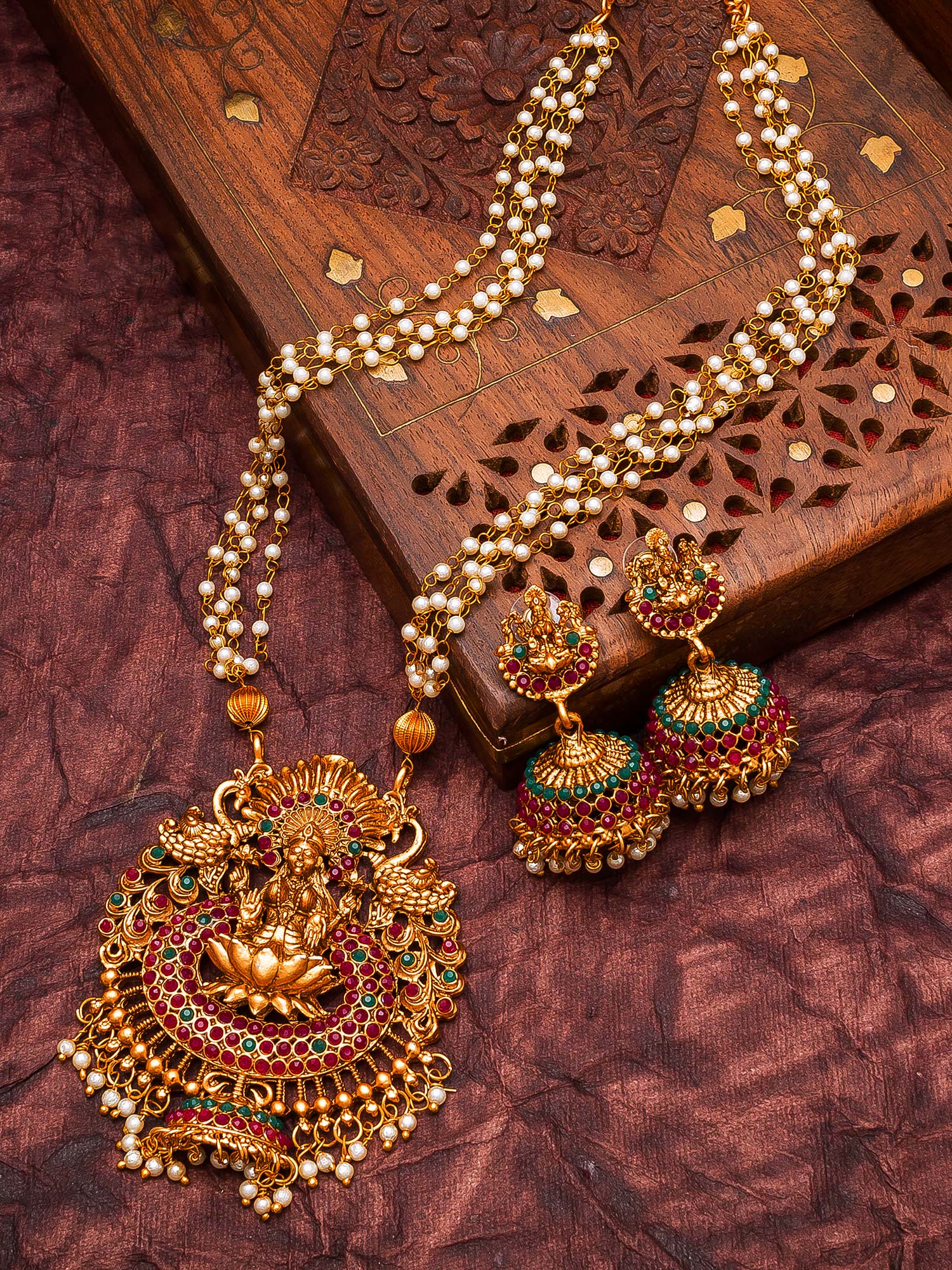 Aadita Antique Gold Lakshmi Long Temple Necklace Set with Stones, Pearl Chain and Jhumka Earrings