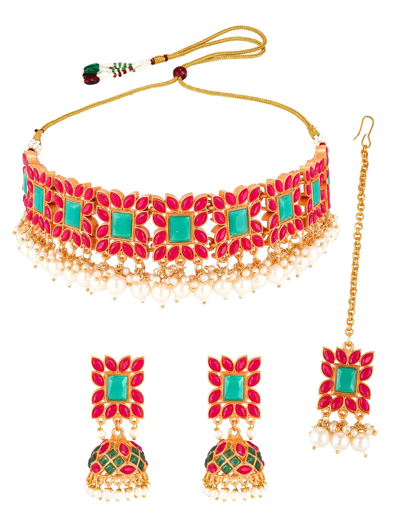 Gold-plated traditional Indian jewelry set featuring a choker necklace, matching earrings, and a maang tikka. The pieces are decorated with bright pink-red stones, turquoise green square stones, and small white pearl bead drops, shown on a solid white background.