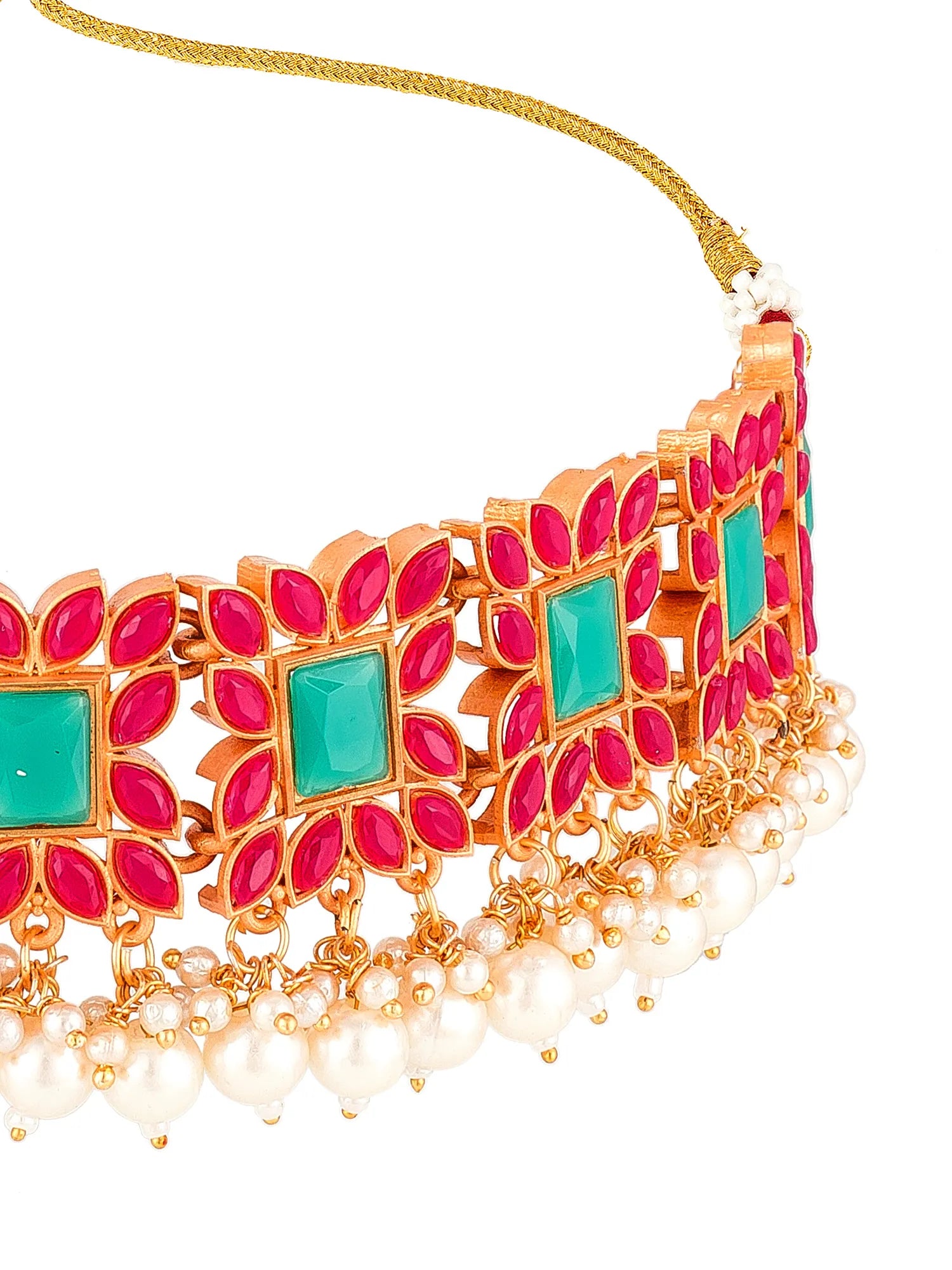 Gold-plated choker necklace with turquoise and magenta-red stone accents and dangling pearl beads, shown on a white background.