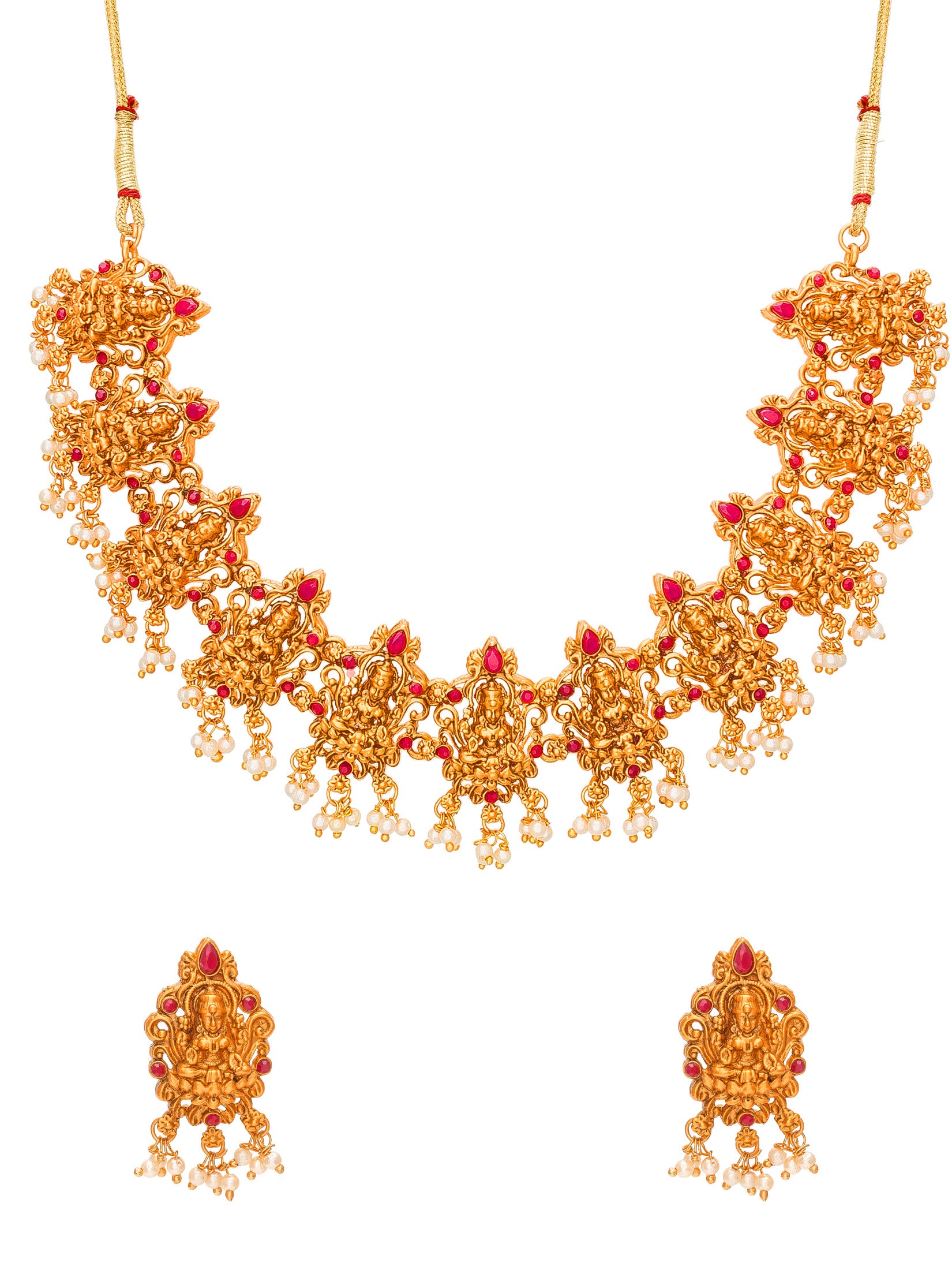 Aadita Antique Gold Lakshmi Temple Choker Necklace Set with Matching Stud Earrings