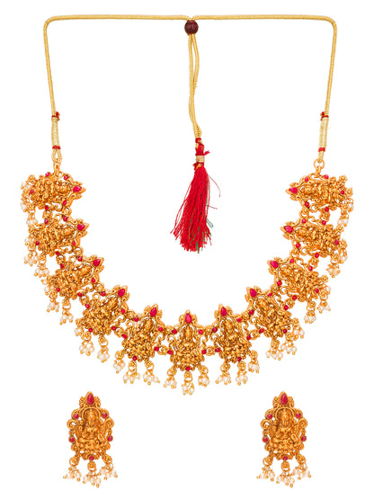 Aadita Antique Gold Lakshmi Temple Choker Necklace Set with Matching Stud Earrings