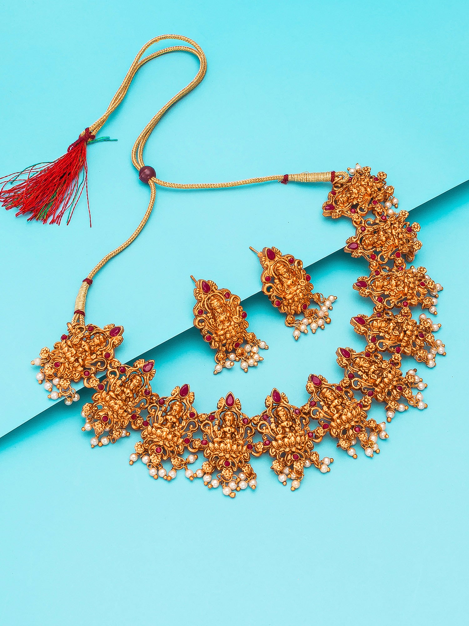 Aadita Antique Gold Lakshmi Temple Choker Necklace Set with Matching Stud Earrings