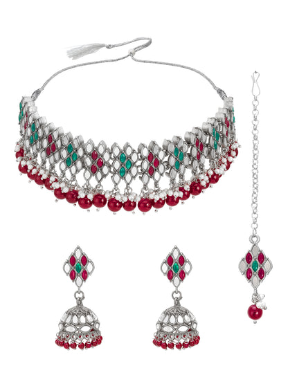 Aadita Oxidized Silver Choker Necklace Set For Navratri With Stones, Pearl Drops, Jhumka Earrings and Maang Tikka