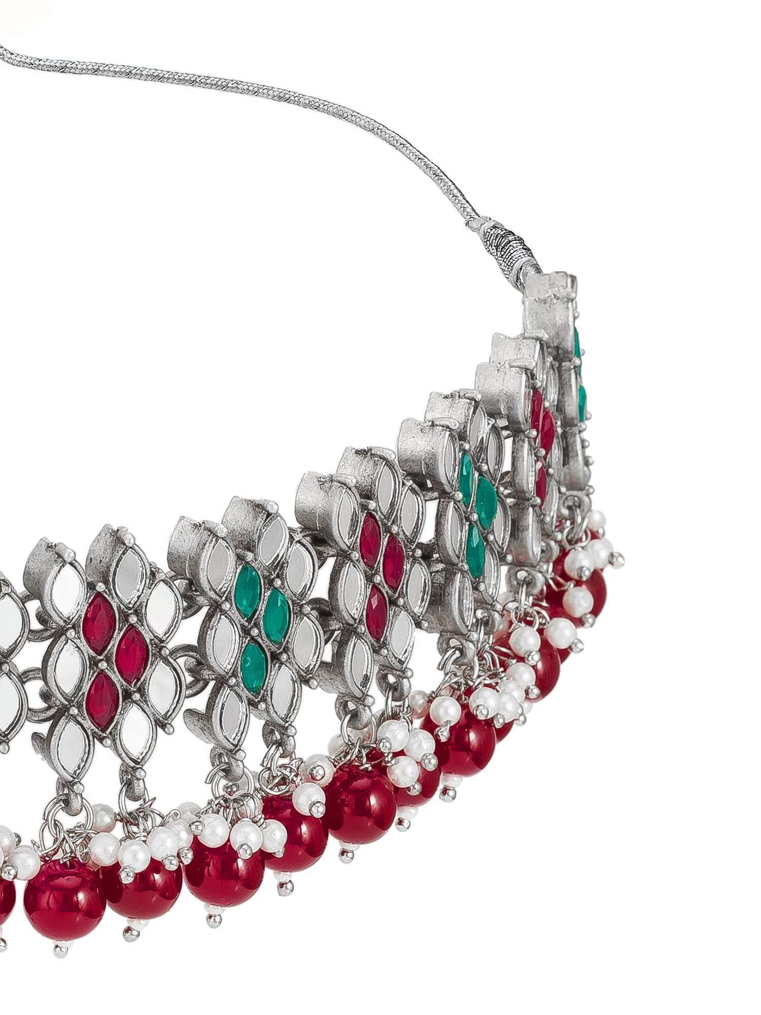 Aadita Oxidized Silver Choker Necklace Set For Navratri With Stones, Pearl Drops, Jhumka Earrings and Maang Tikka