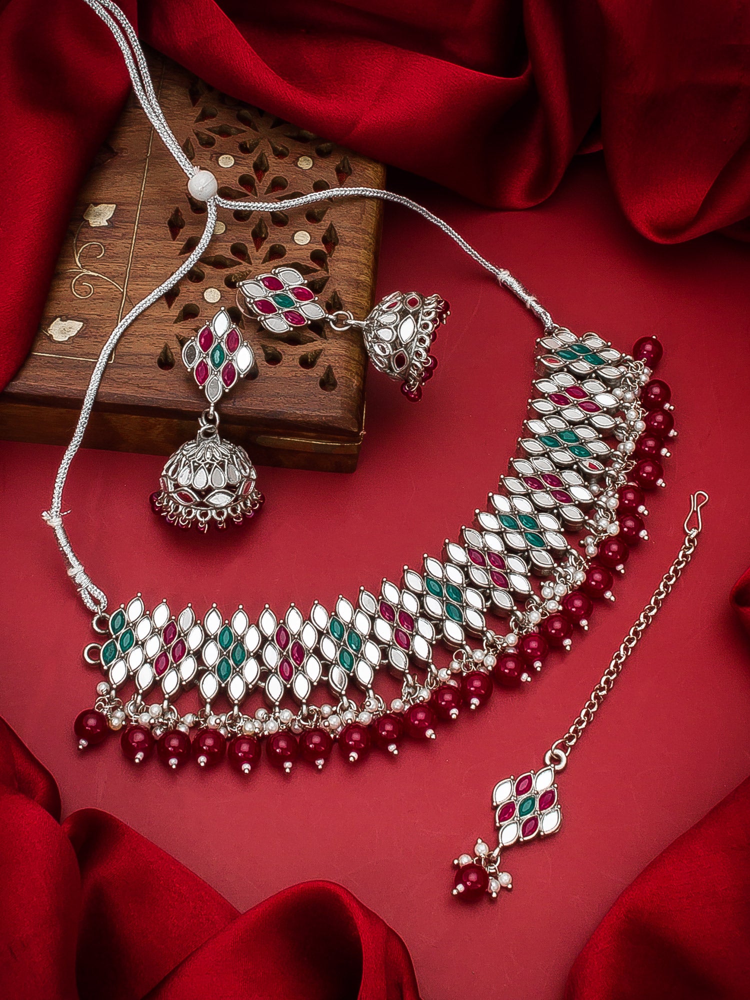 Aadita Oxidized Silver Choker Necklace Set For Navratri With Stones, Pearl Drops, Jhumka Earrings and Maang Tikka