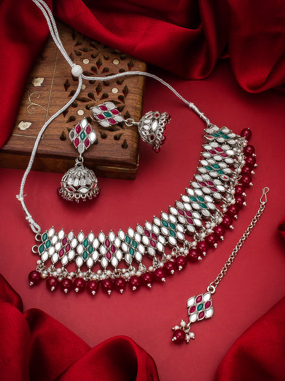 Aadita Oxidized Silver Choker Necklace Set For Navratri With Stones, Pearl Drops, Jhumka Earrings and Maang Tikka