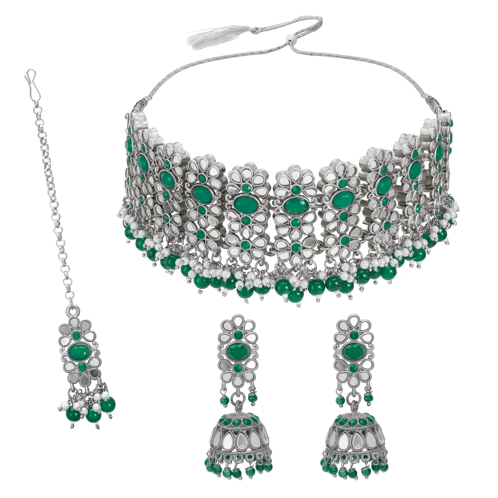Silver-toned traditional jewelry set featuring a choker necklace, matching dangling earrings, and a long chain accessory, all decorated with green stones and green bead drops on a plain white background.