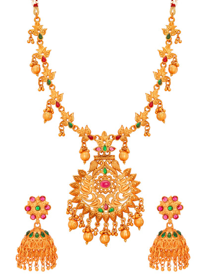 Aadita South Indian wear Gold-Toned Temple Floral Pendant Long Necklace Set with Jhumka Earrings