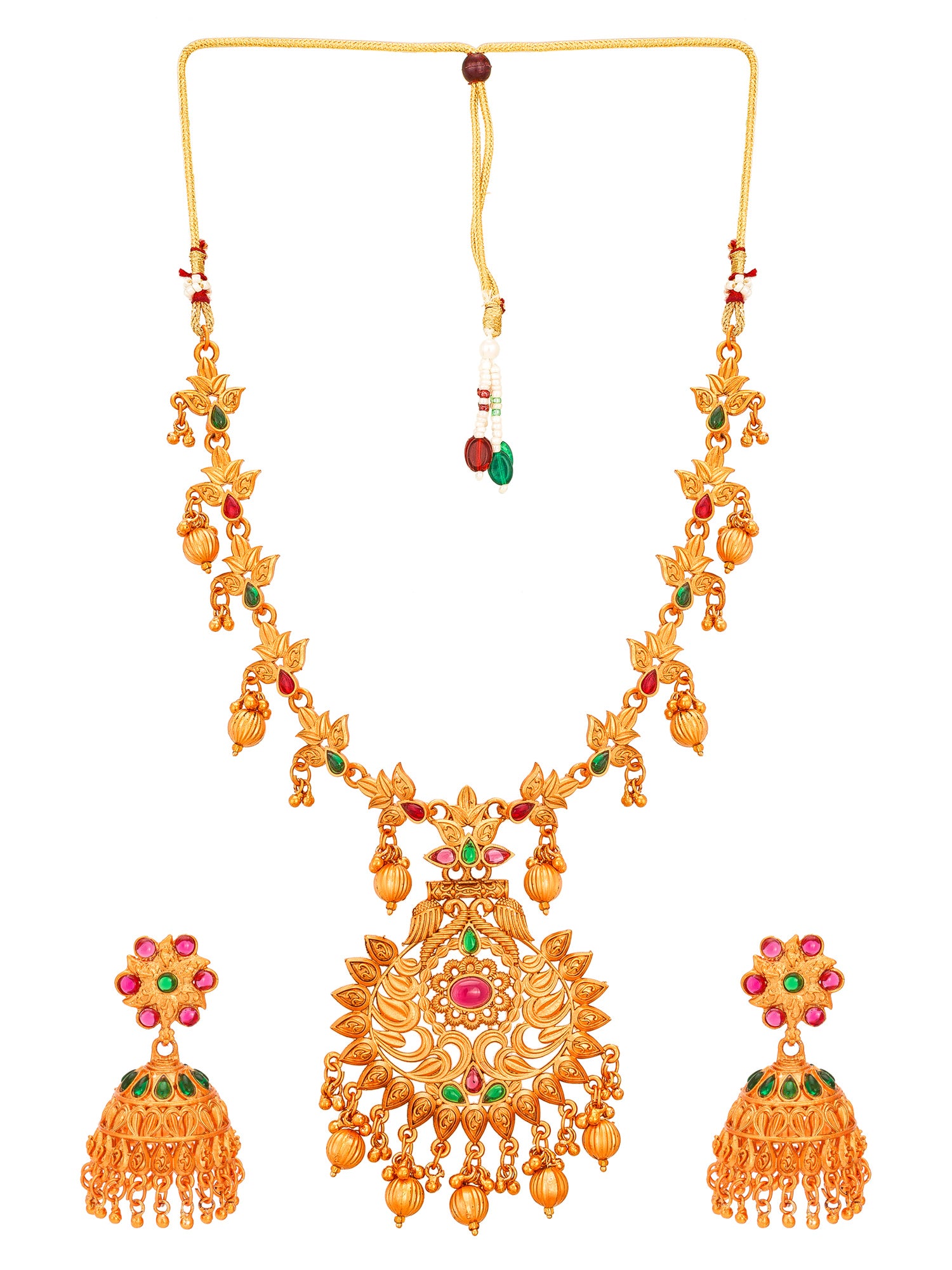 Aadita South Indian wear Gold-Toned Temple Floral Pendant Long Necklace Set with Jhumka Earrings