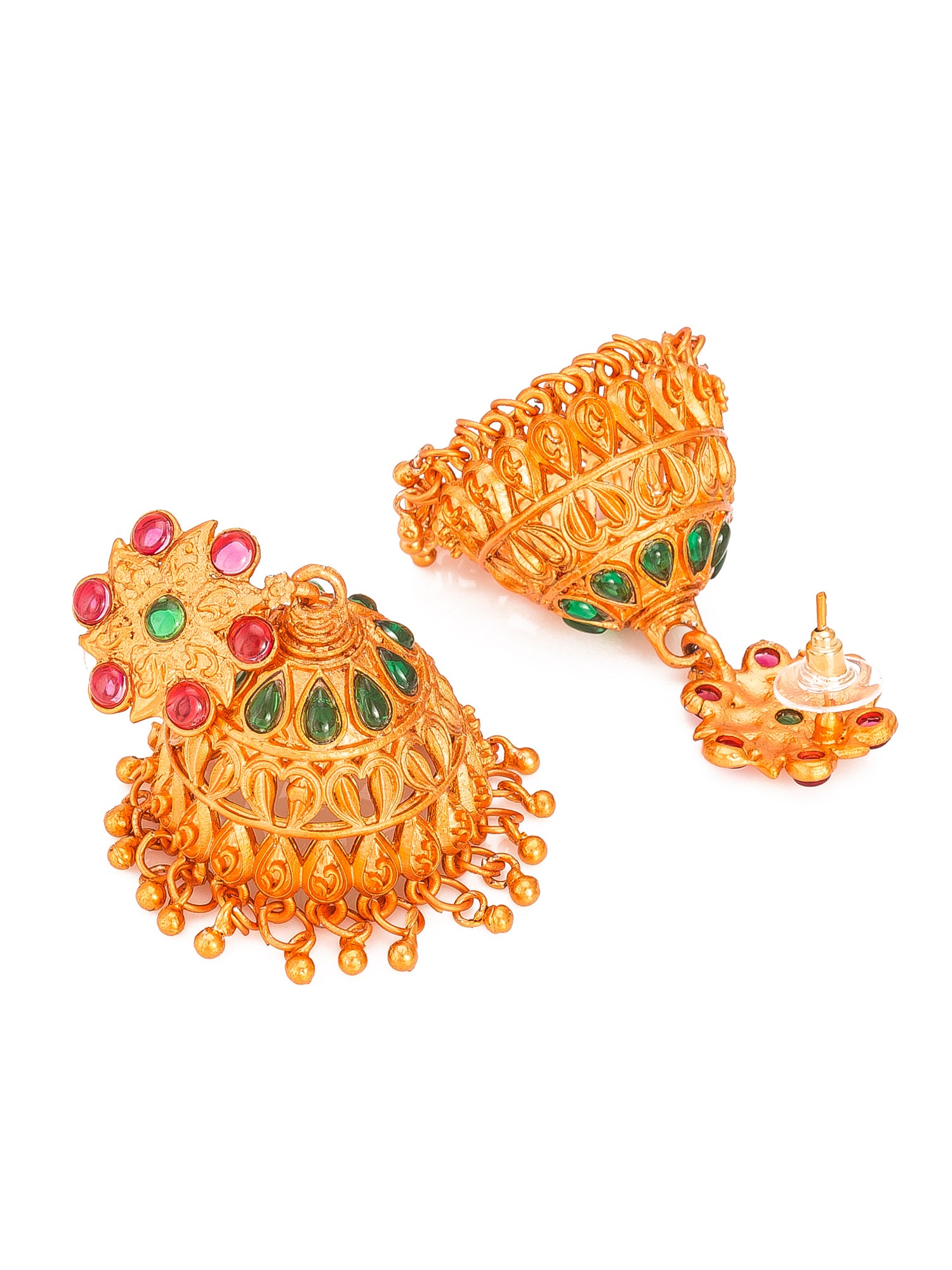 Aadita South Indian wear Gold-Toned Temple Floral Pendant Long Necklace Set with Jhumka Earrings