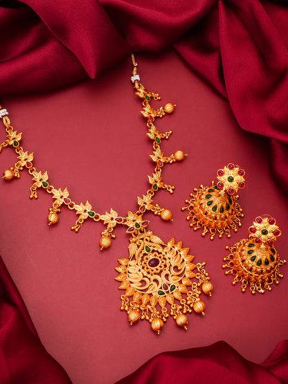 Aadita South Indian wear Gold-Toned Temple Floral Pendant Long Necklace Set with Jhumka Earrings