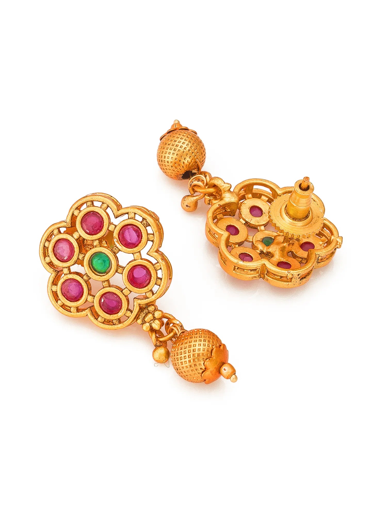 A pair of ornate gold-toned traditional earrings with floral clusters of pink and green stones, shown on a clean white background.