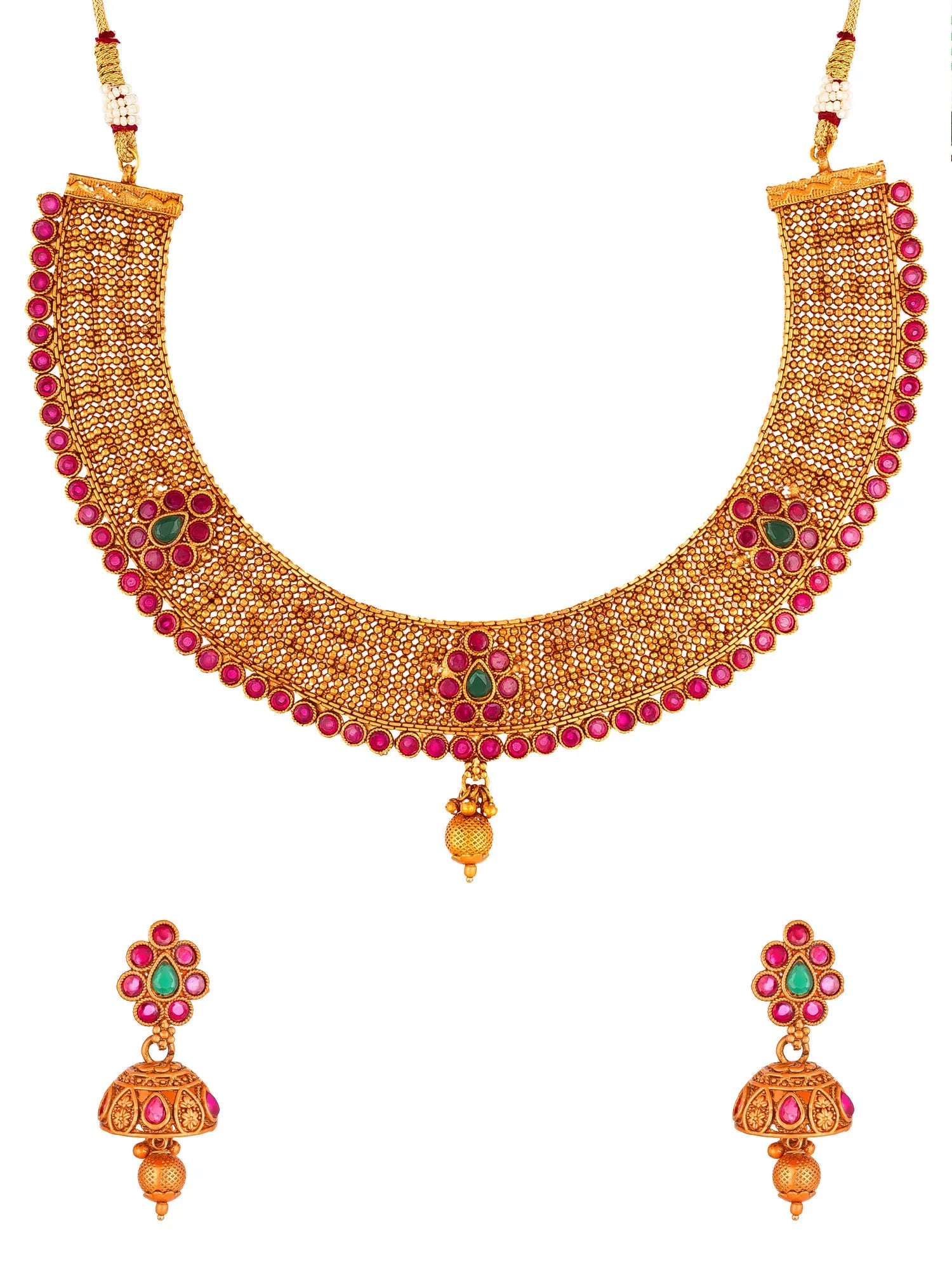 Gold-plated traditional Indian jewelry set featuring a wide collar necklace and matching drop earrings, embellished with red stones, green stones, and gold beads.