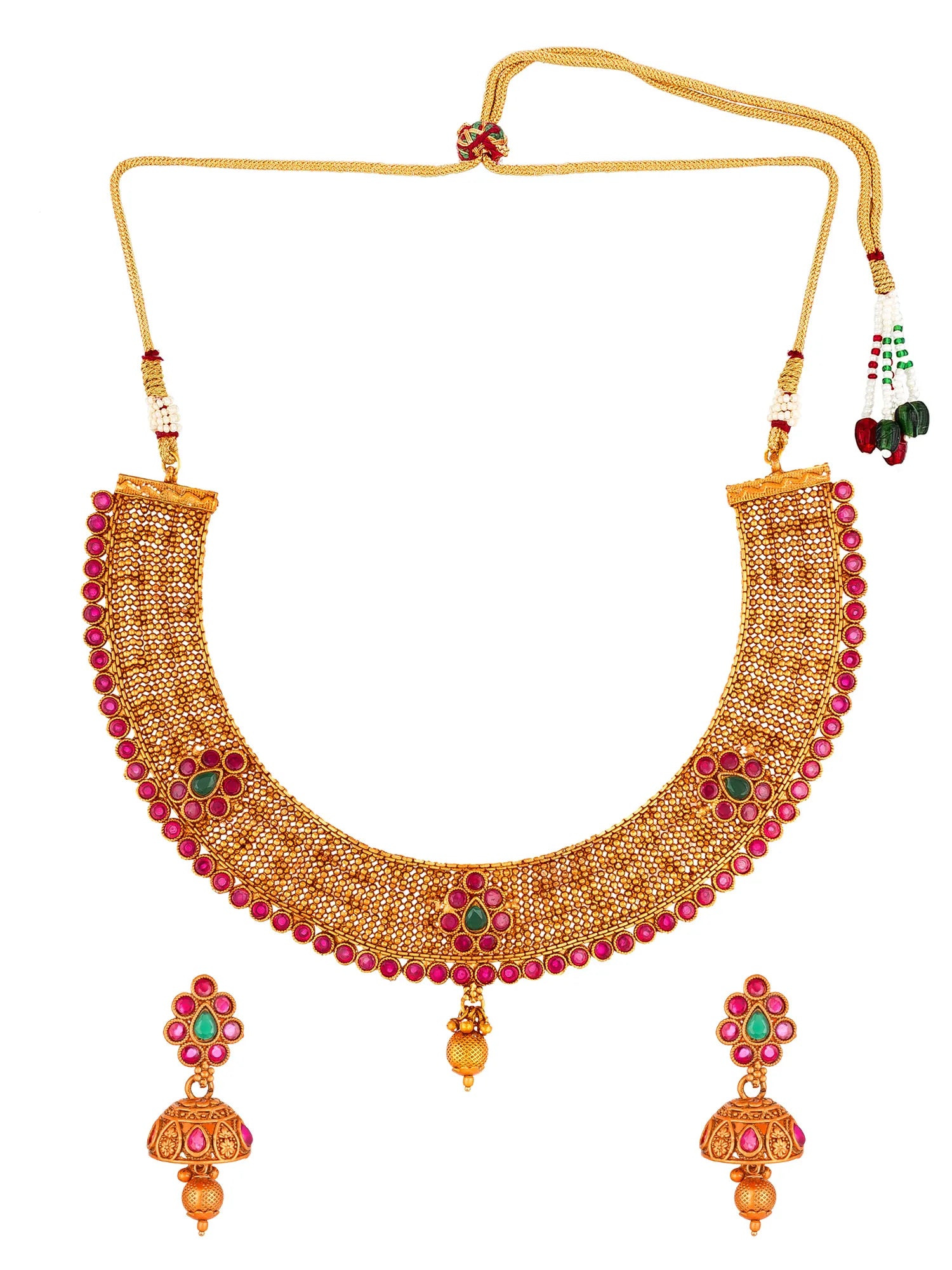 Gold-toned traditional necklace and matching earrings with red and green stone accents, displayed on a plain white background.