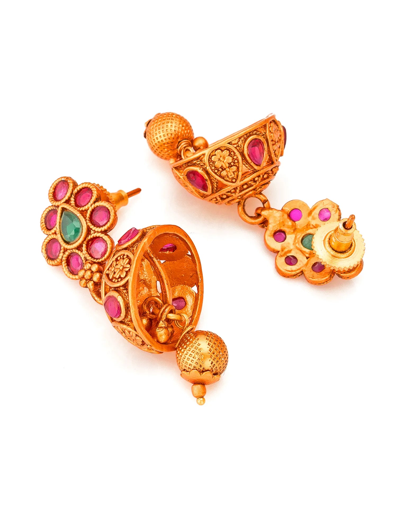 A pair of ornate gold-toned traditional earrings with pink and green gemstone accents, displayed on a clean white background.