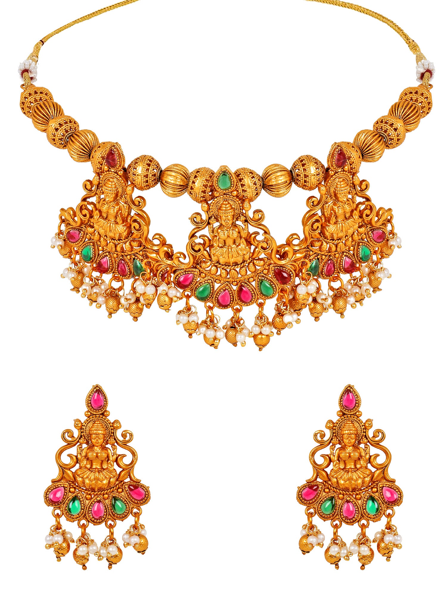 Aadita Bridal Wear Gold-Toned Goddess Lakshmi Temple Choker Necklace Set with Pearl Drop and Dangler Earrings