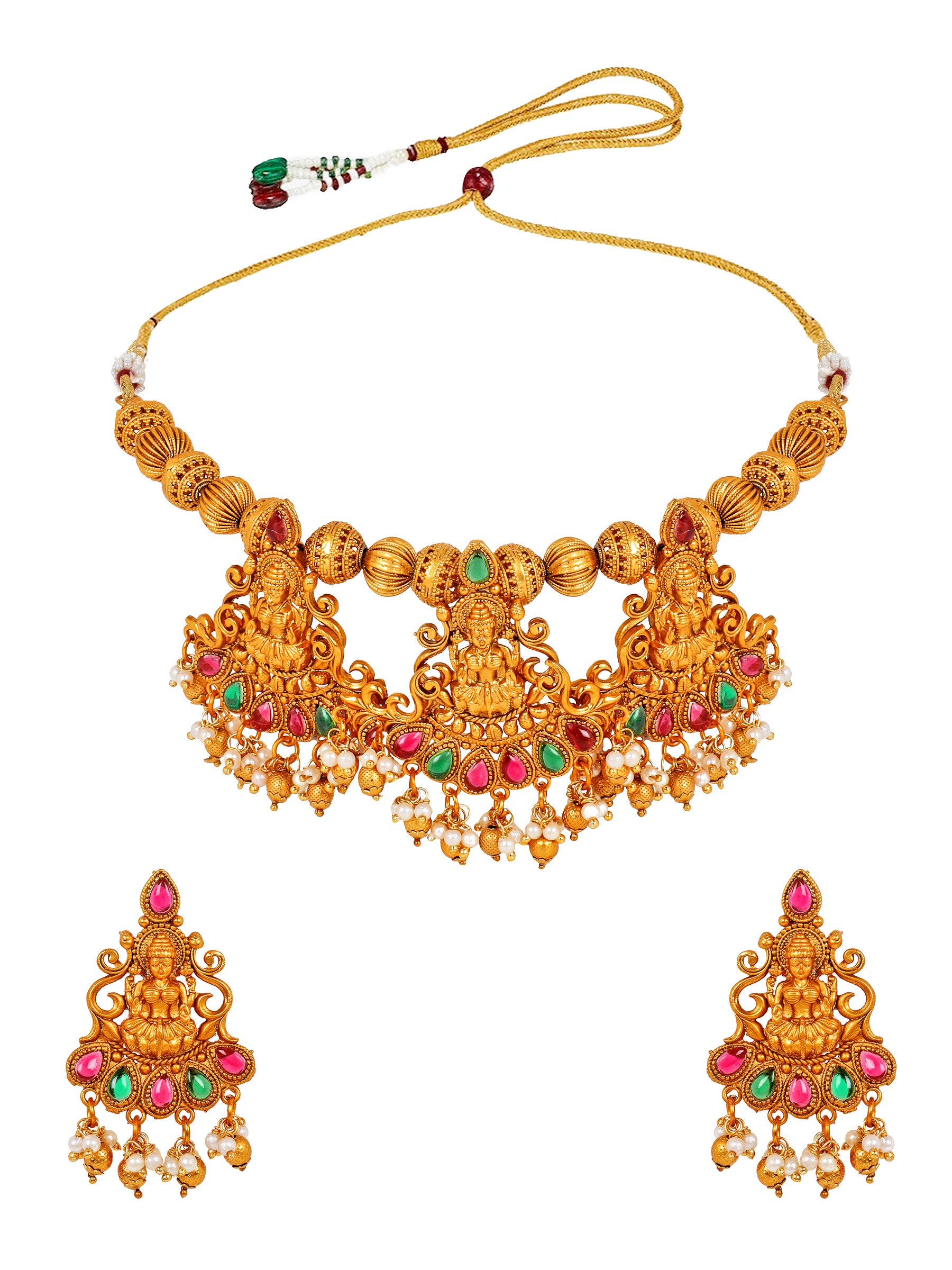 Aadita Bridal Wear Gold-Toned Goddess Lakshmi Temple Choker Necklace Set with Pearl Drop and Dangler Earrings