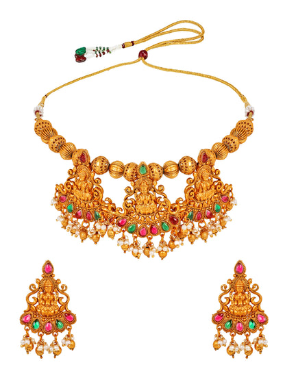 Aadita Bridal Wear Gold-Toned Goddess Lakshmi Temple Choker Necklace Set with Pearl Drop and Dangler Earrings