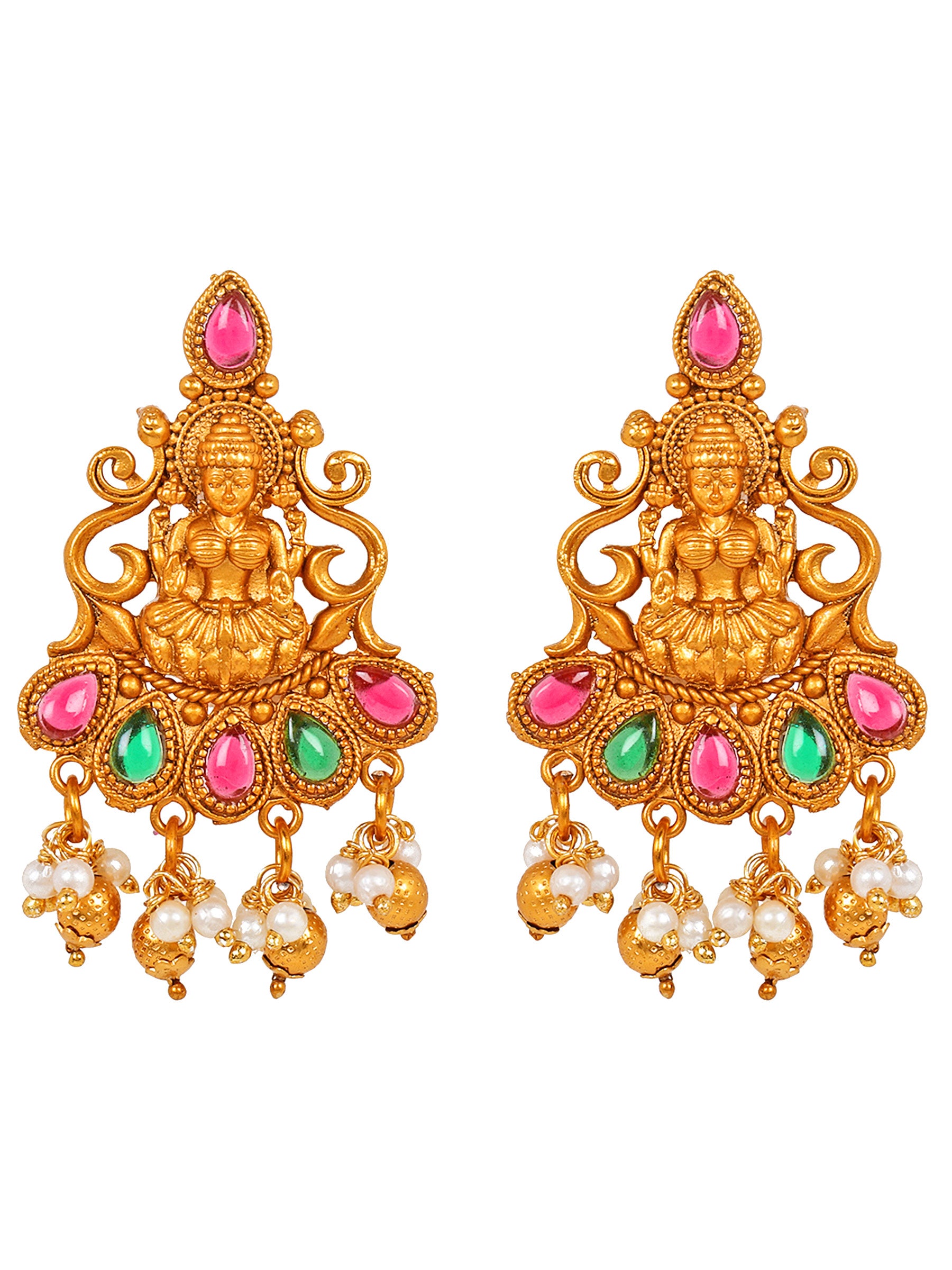 Aadita Bridal Wear Gold-Toned Goddess Lakshmi Temple Choker Necklace Set with Pearl Drop and Dangler Earrings