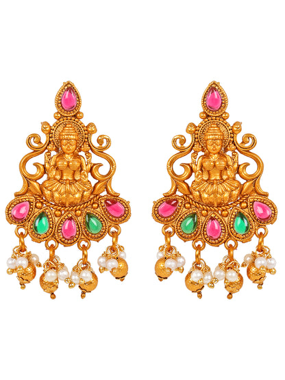 Aadita Bridal Wear Gold-Toned Goddess Lakshmi Temple Choker Necklace Set with Pearl Drop and Dangler Earrings