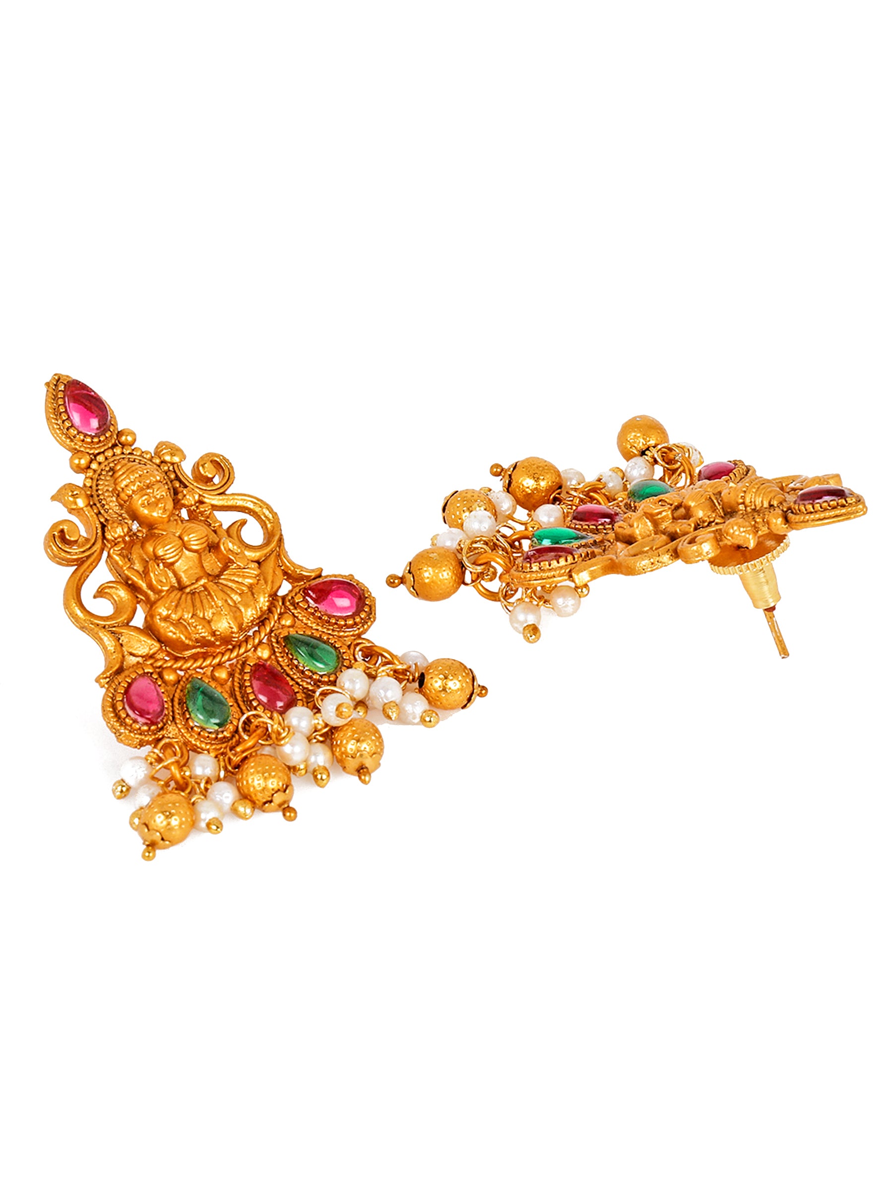 Aadita Bridal Wear Gold-Toned Goddess Lakshmi Temple Choker Necklace Set with Pearl Drop and Dangler Earrings