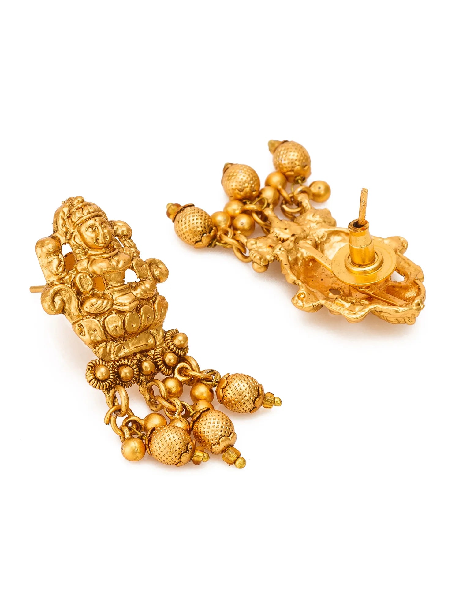 A pair of ornate gold-toned traditional earrings with dangling beaded chains and detailed sculpted motifs, photographed on a plain white background.