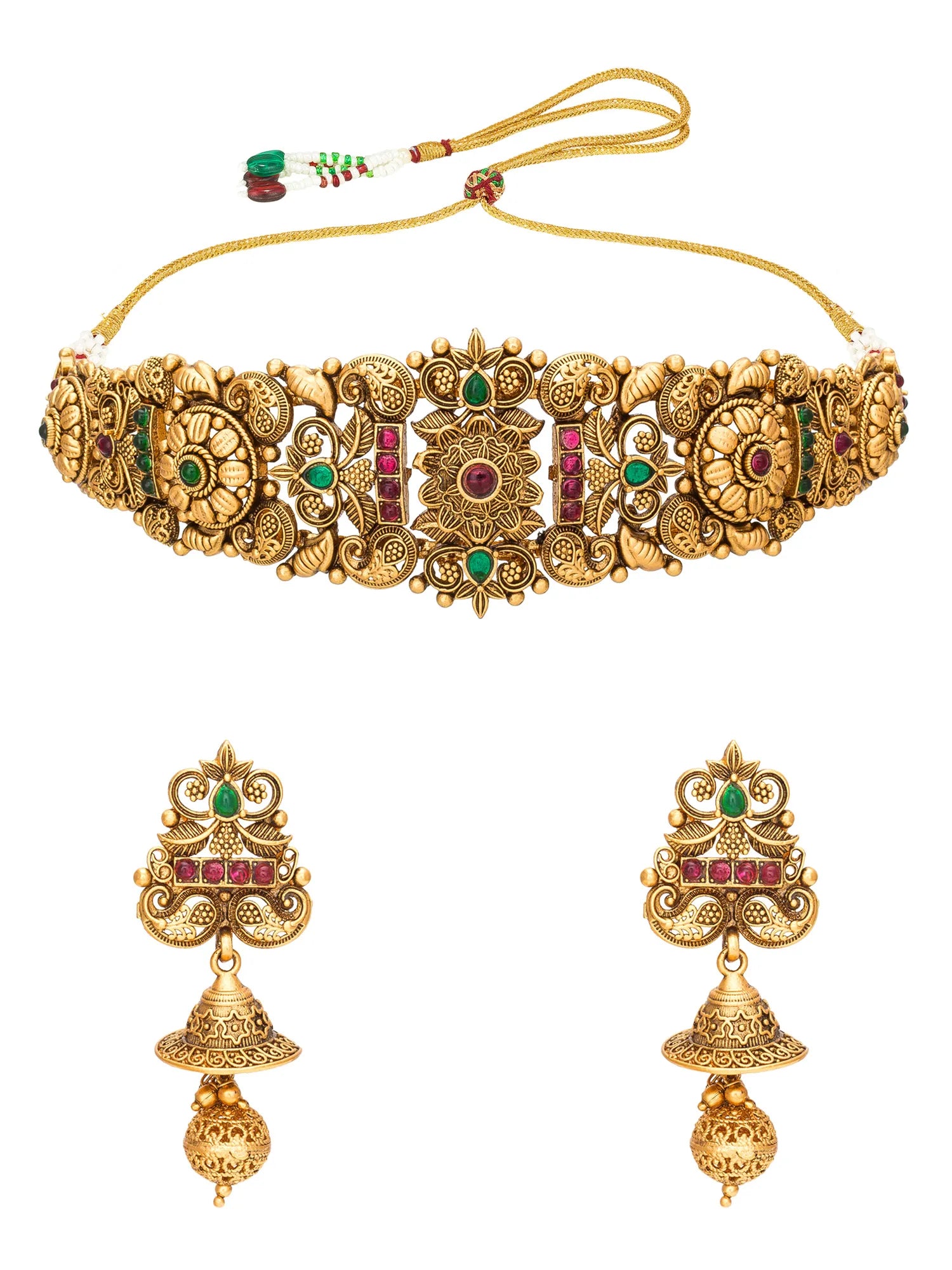 Gold-toned traditional jewelry set featuring a wide choker necklace and matching drop earrings, decorated with floral motifs and accented by green and red gemstones, shown on a plain white background.