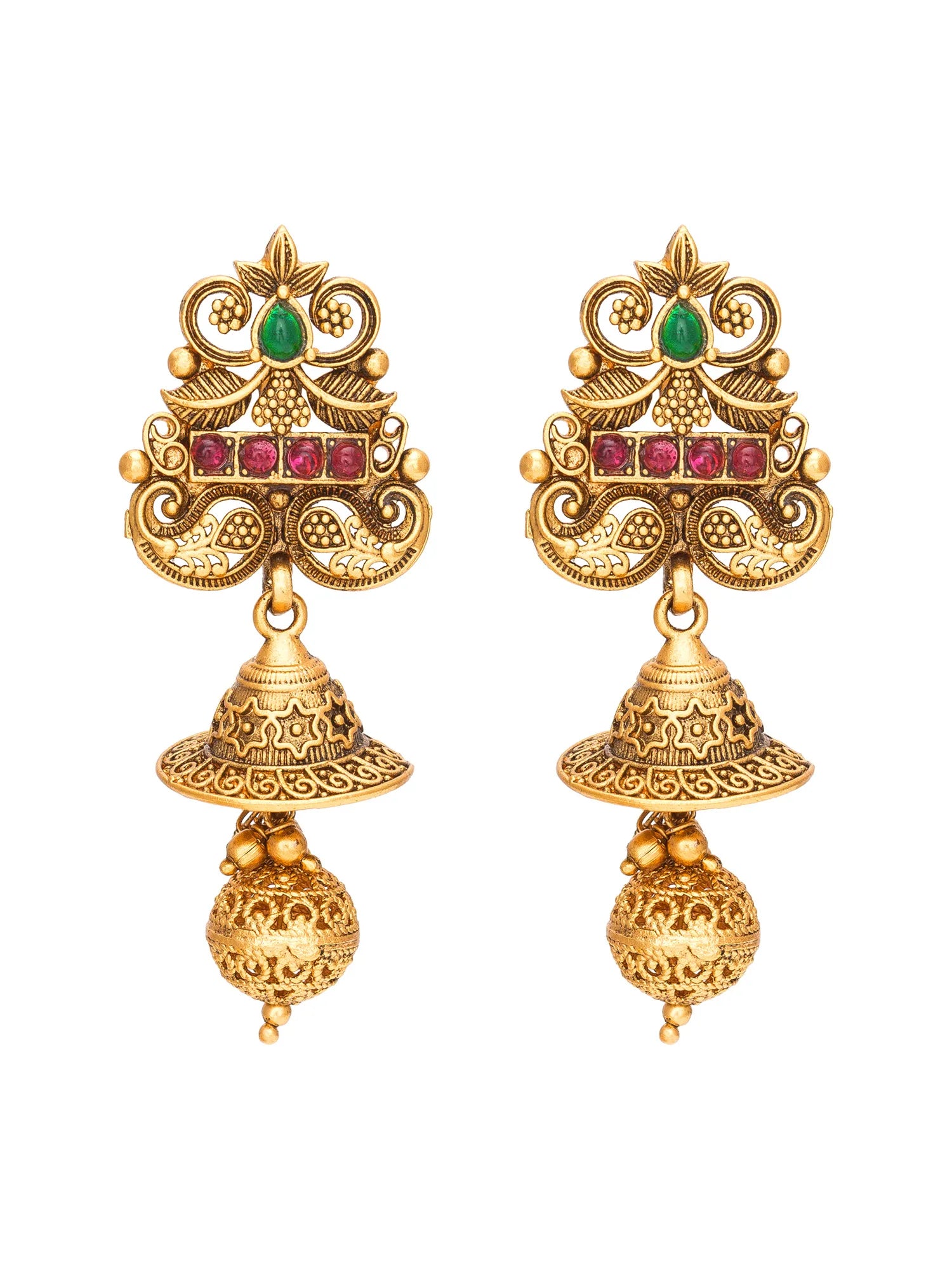 A pair of ornate gold-toned traditional jhumka earrings with green and pink gemstone accents, displayed on a clean white background.