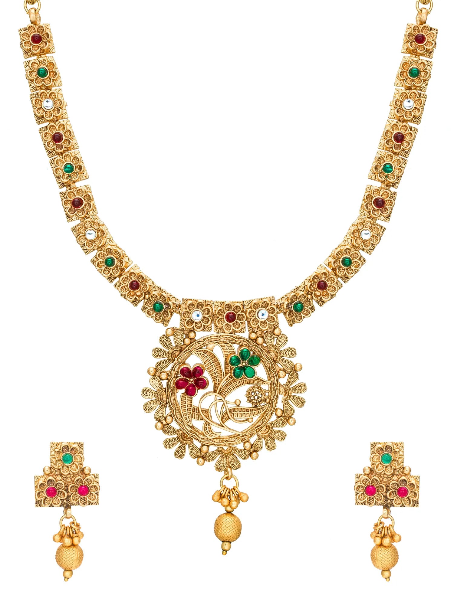 Gold-toned traditional jewelry set featuring a necklace and matching earrings, decorated with red, green, and white stones on an ornate filigree design, shown on a plain white background.