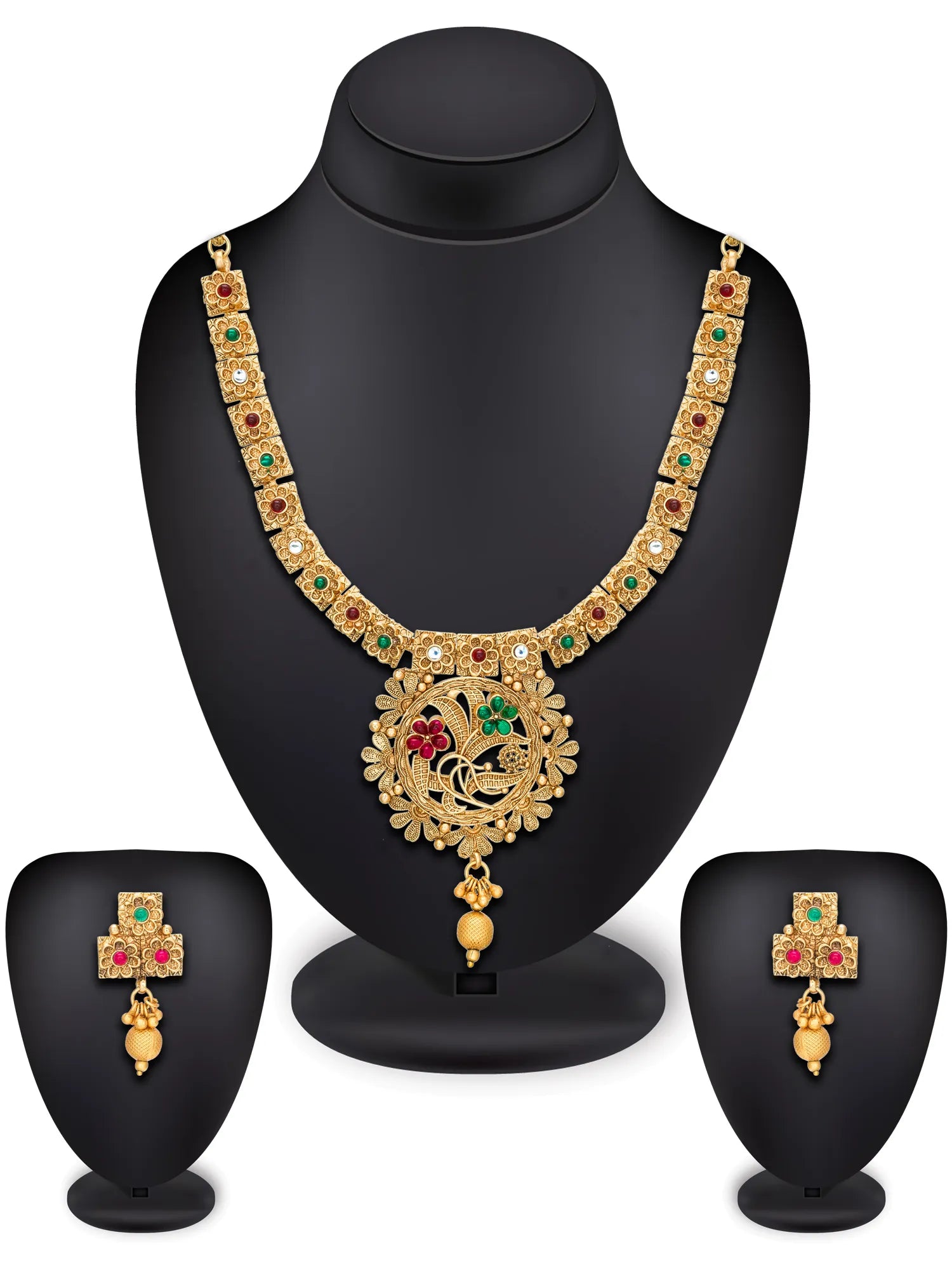 Gold-plated Indian traditional jewelry set featuring a necklace, earrings, and a matching ring, displayed on black mannequin busts against a white background.