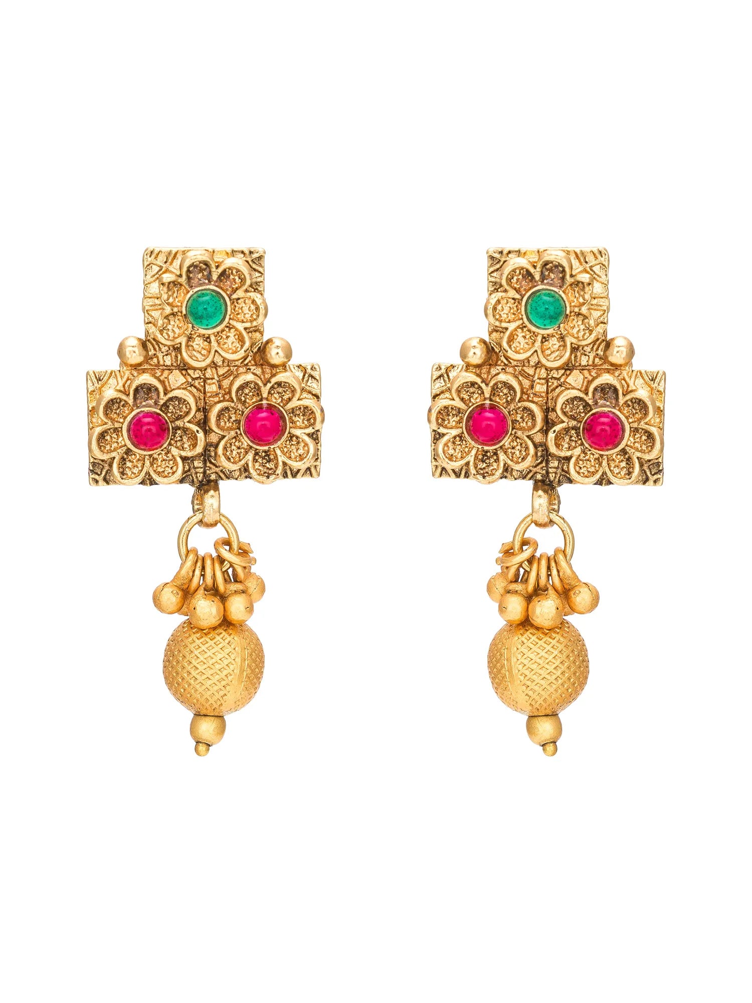 A pair of traditional Indian gold earrings with floral filigree, small green and pink gemstone accents, and dangling textured gold beads, shown on a plain white background.