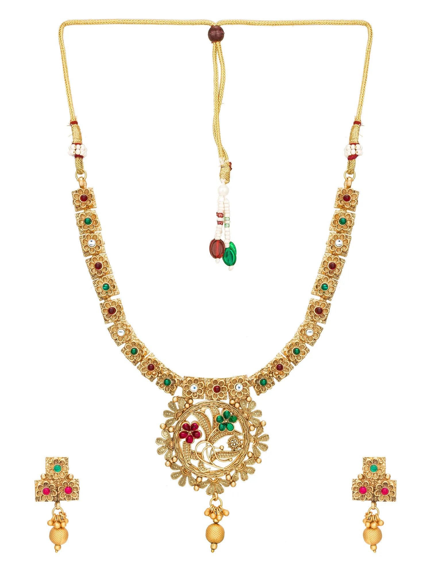 Gold-plated traditional Indian jewelry set featuring a necklace with a large ornate floral pendant, matching earrings, and a beaded hanging charm on a plain white background.