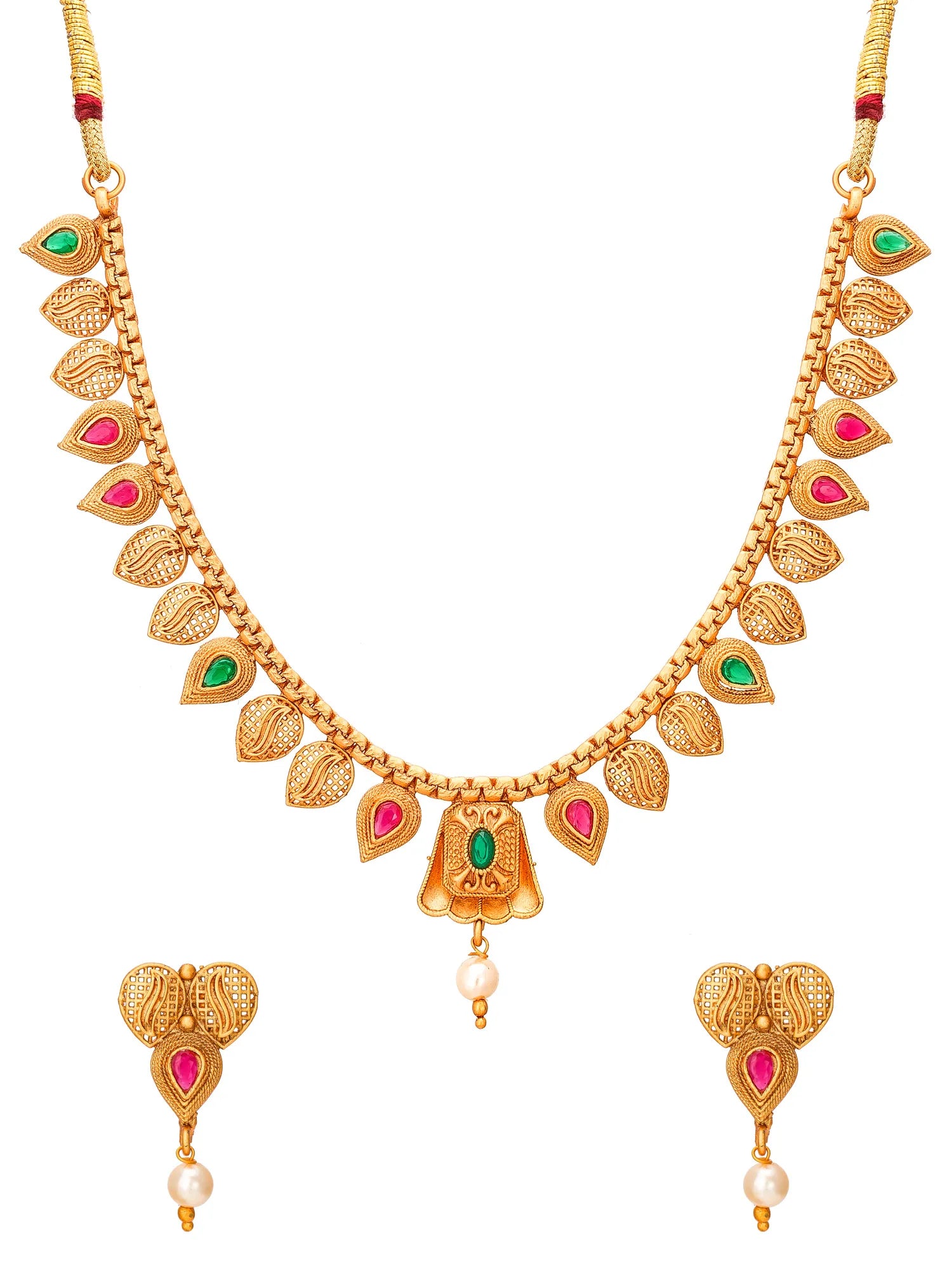 Gold-toned traditional necklace and matching drop earrings with leaf-shaped settings, green teardrop stones, pink heart-shaped stones, and pearl drops on a white background.
