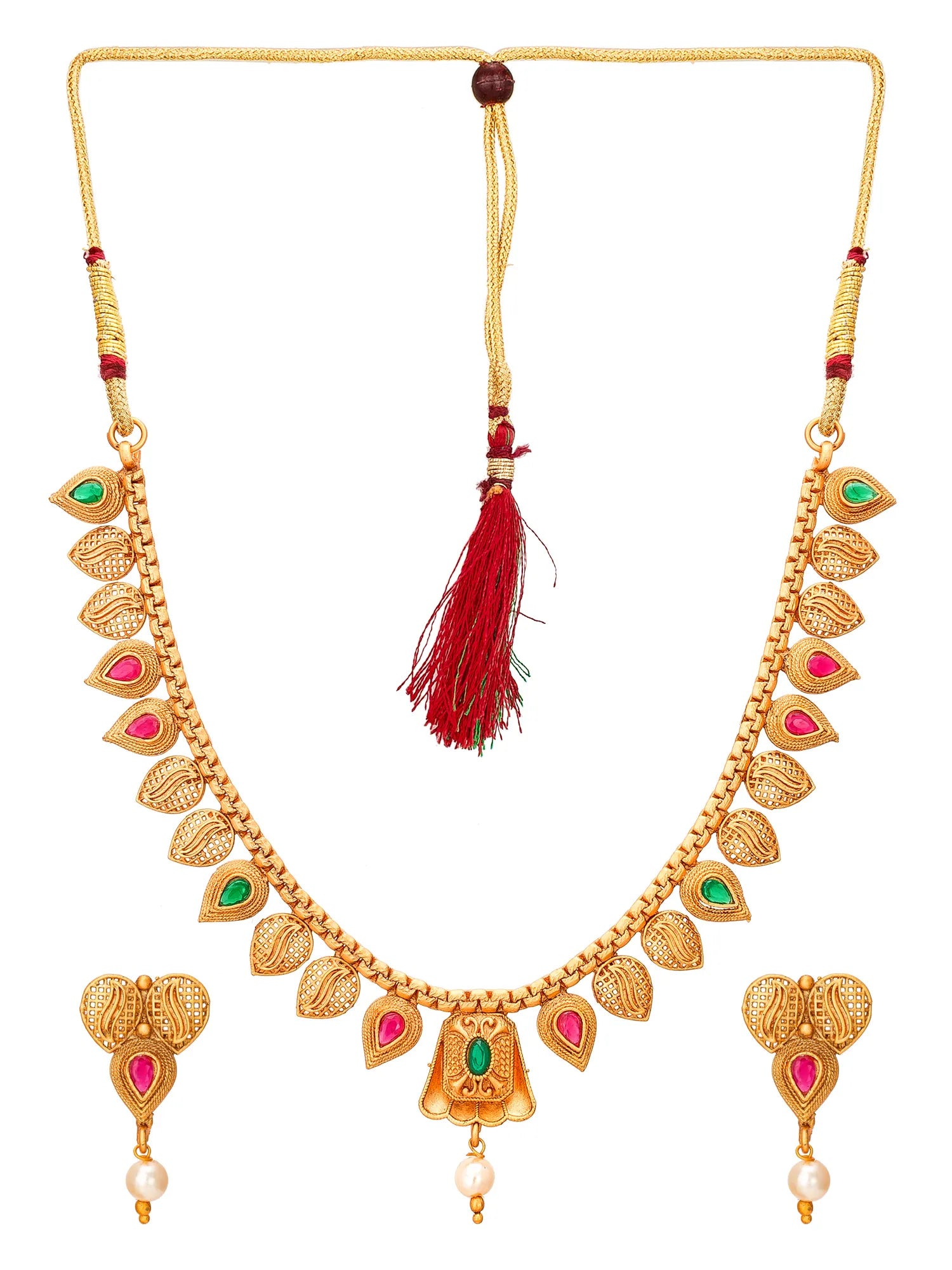 Gold-plated Indian Kundan necklace with matching earrings, featuring red tassels, pink and green stone accents, and white pearl drops, displayed on a clean white background.