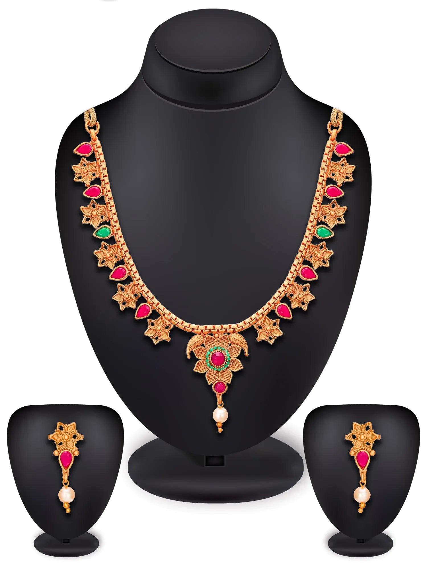Gold-plated traditional Indian jewelry set featuring a necklace, matching earrings, and a stacker, displayed on black mannequin busts against a white background.