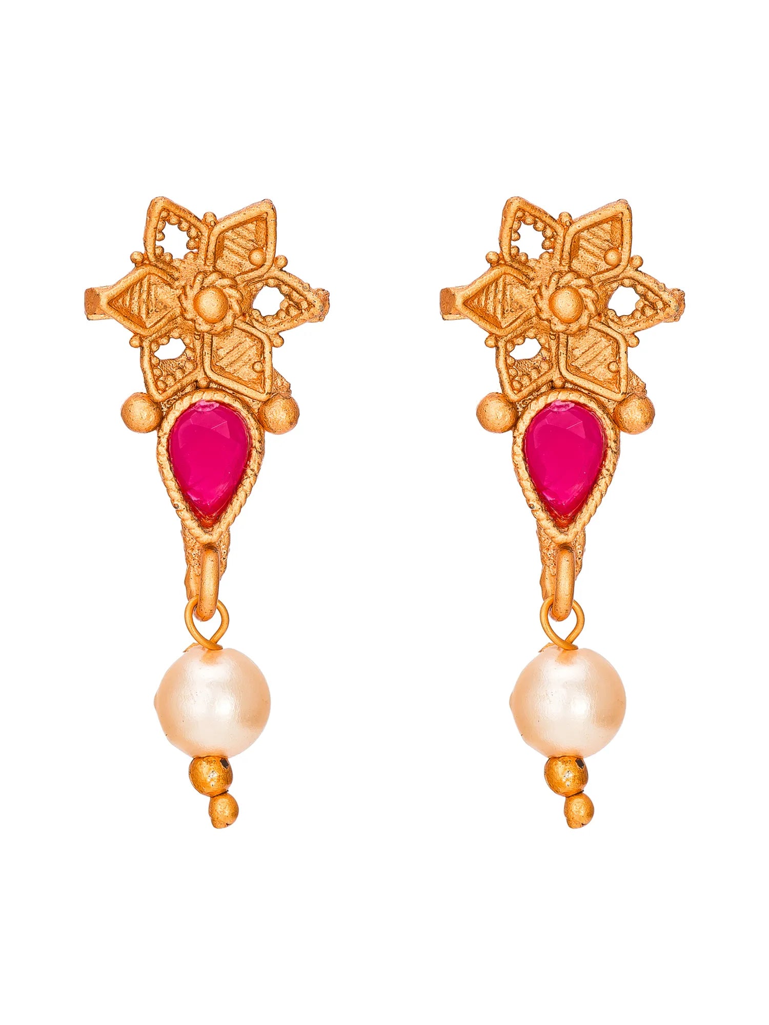 A pair of gold-plated dangle earrings featuring a floral filigree top, a bright pink teardrop-shaped stone, and a dangling white pearl bead at the bottom, set against a plain white background.