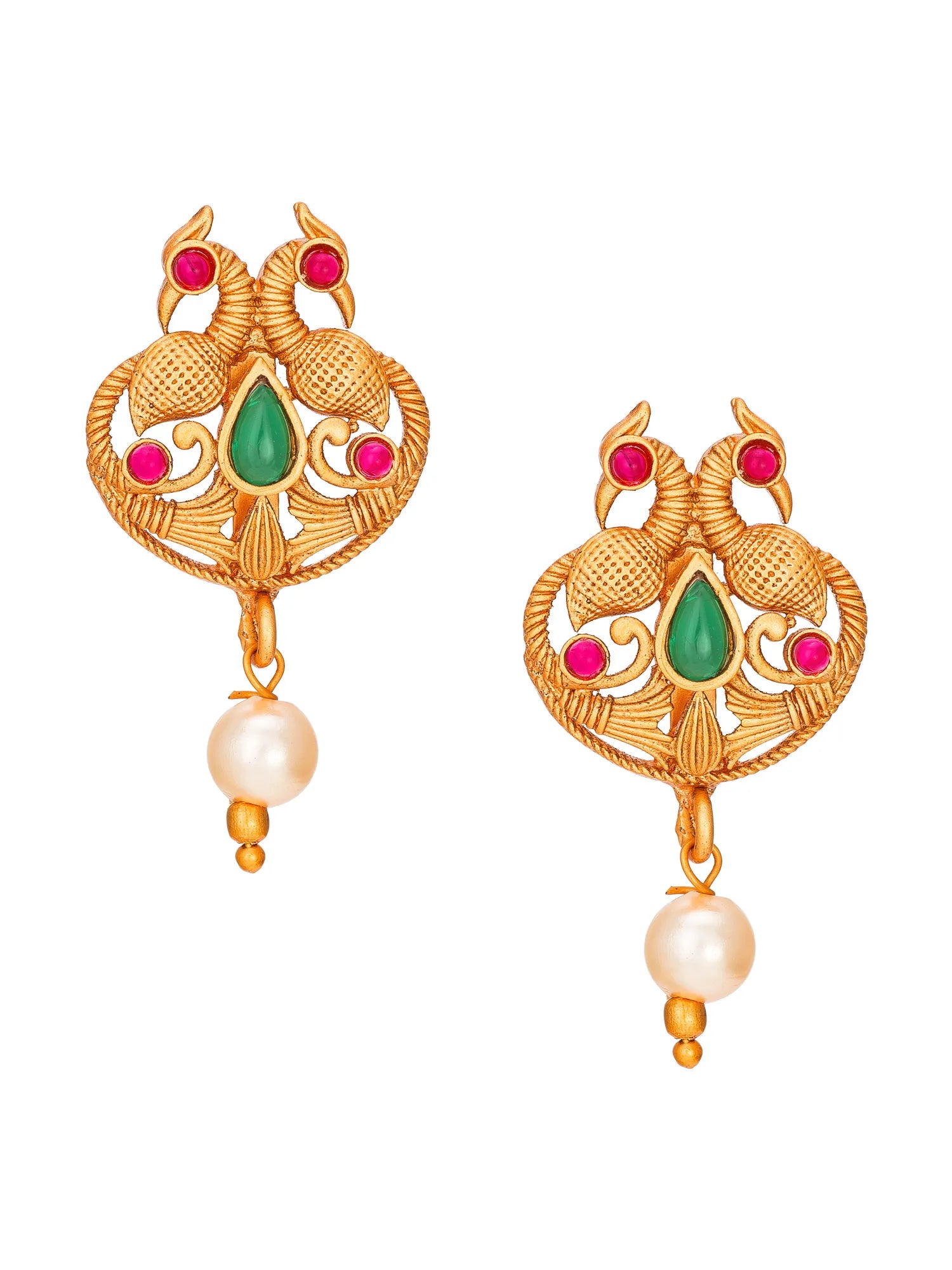 A pair of gold-toned traditional Indian earrings featuring peacock motifs with green teardrop stones, pink round stones, and dangling white pearl beads, shown on a plain white background.