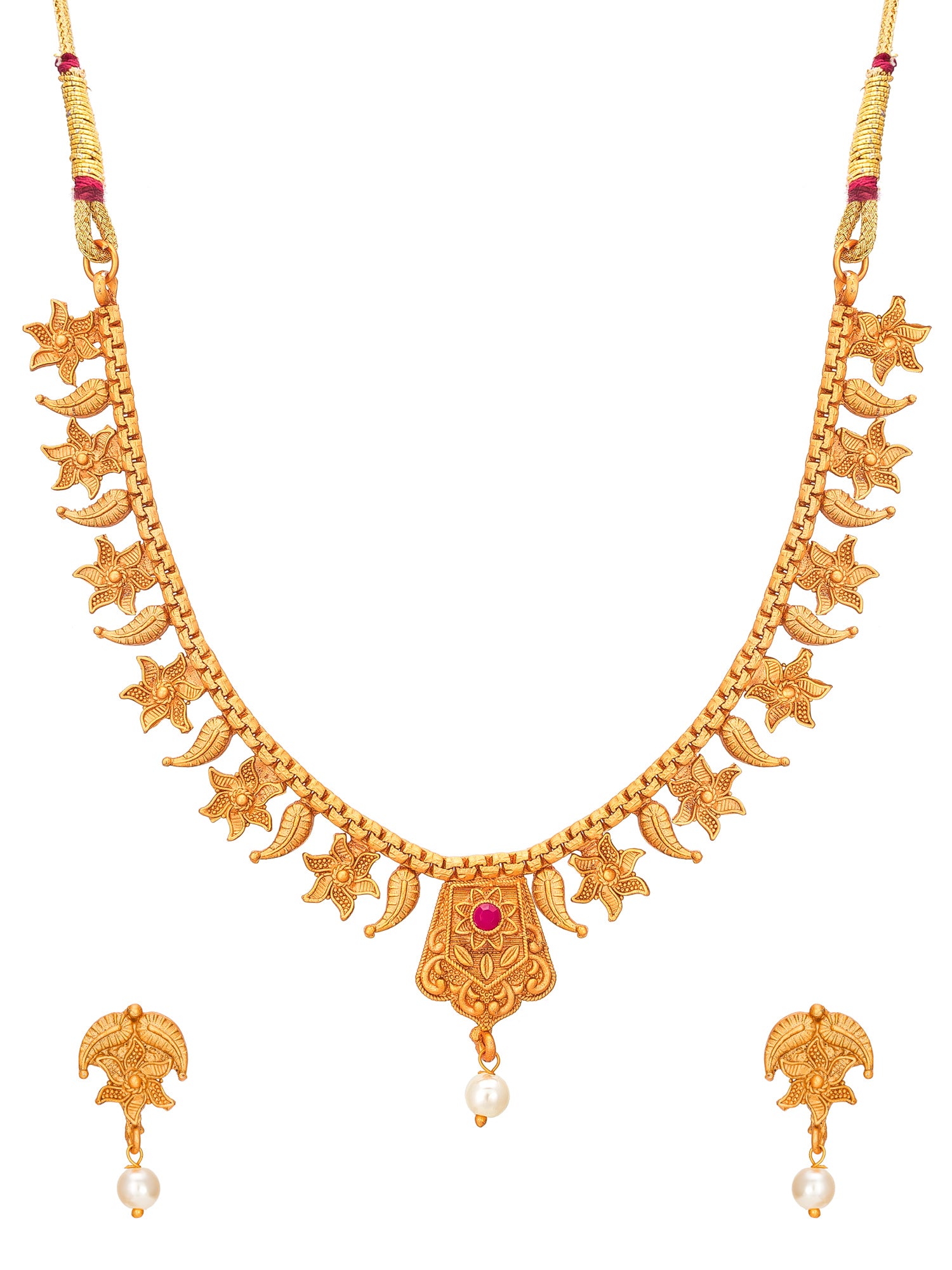 Aadita Gold-Toned Floral Leaf Chain Necklace Set with Pearl Drop and Matching Earrings