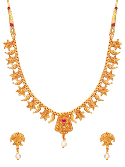 Aadita Gold-Toned Floral Leaf Chain Necklace Set with Pearl Drop and Matching Earrings
