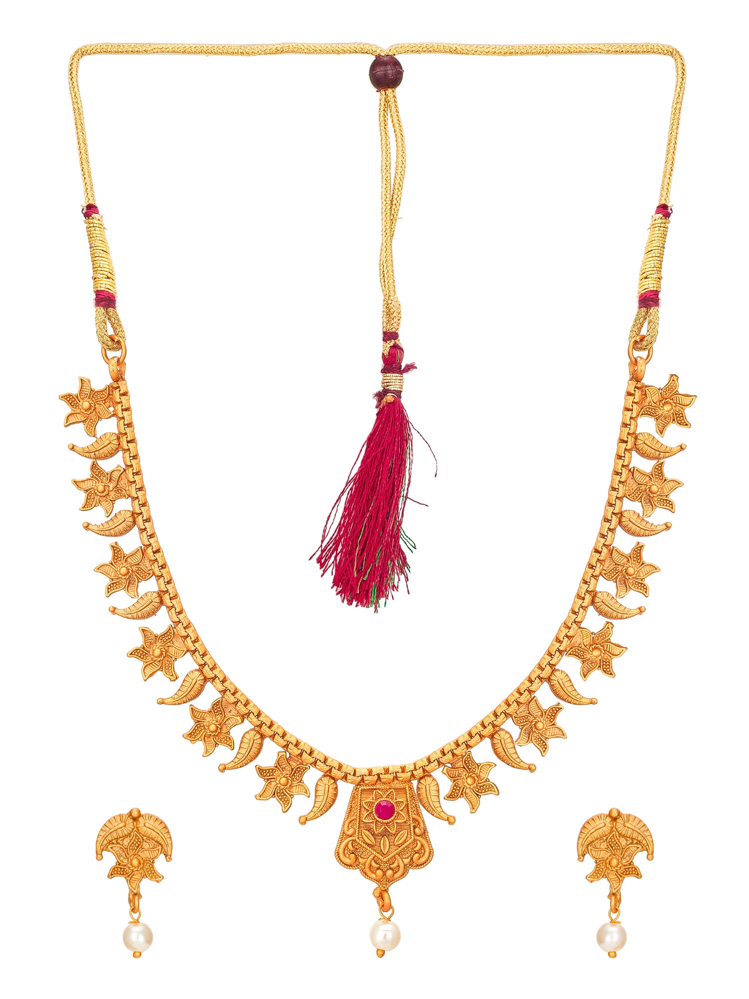 Aadita Gold-Toned Floral Leaf Chain Necklace Set with Pearl Drop and Matching Earrings