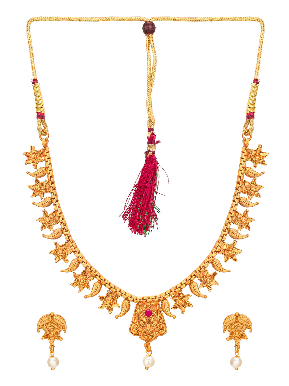 Aadita Gold-Toned Floral Leaf Chain Necklace Set with Pearl Drop and Matching Earrings
