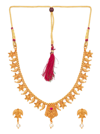 Aadita Gold-Toned Floral Leaf Chain Necklace Set with Pearl Drop and Matching Earrings