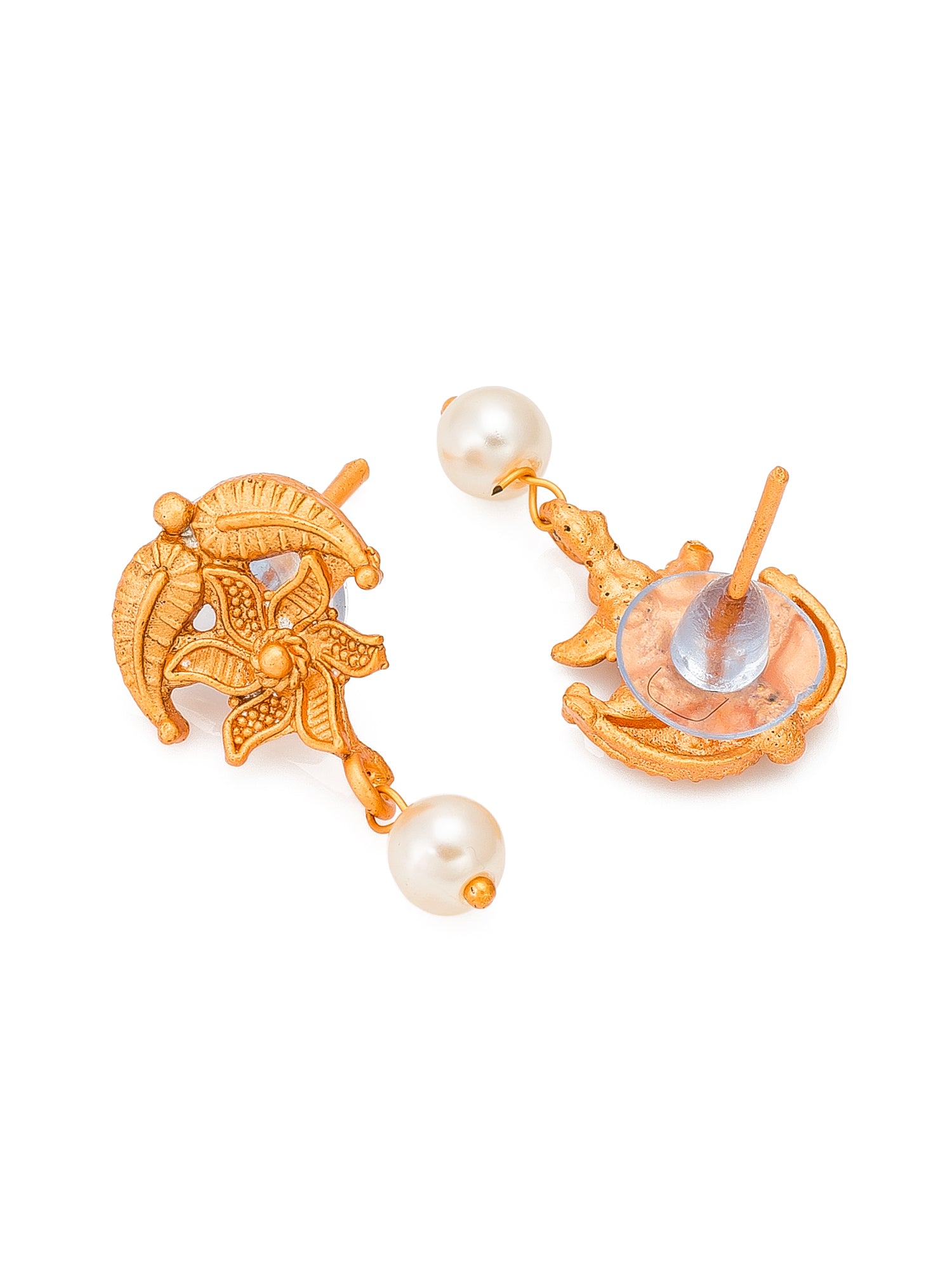 Aadita Gold-Toned Floral Leaf Chain Necklace Set with Pearl Drop and Matching Earrings