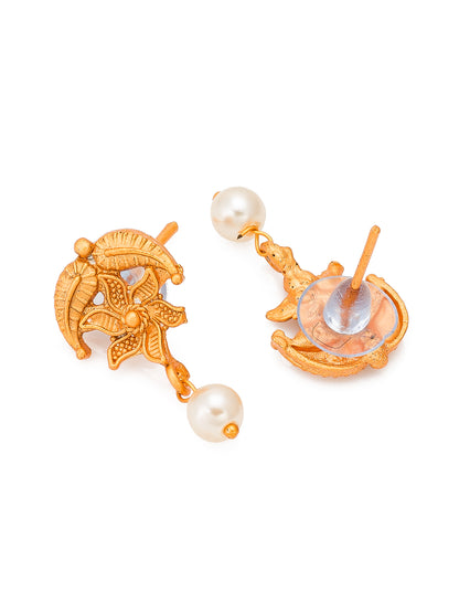 Aadita Gold-Toned Floral Leaf Chain Necklace Set with Pearl Drop and Matching Earrings
