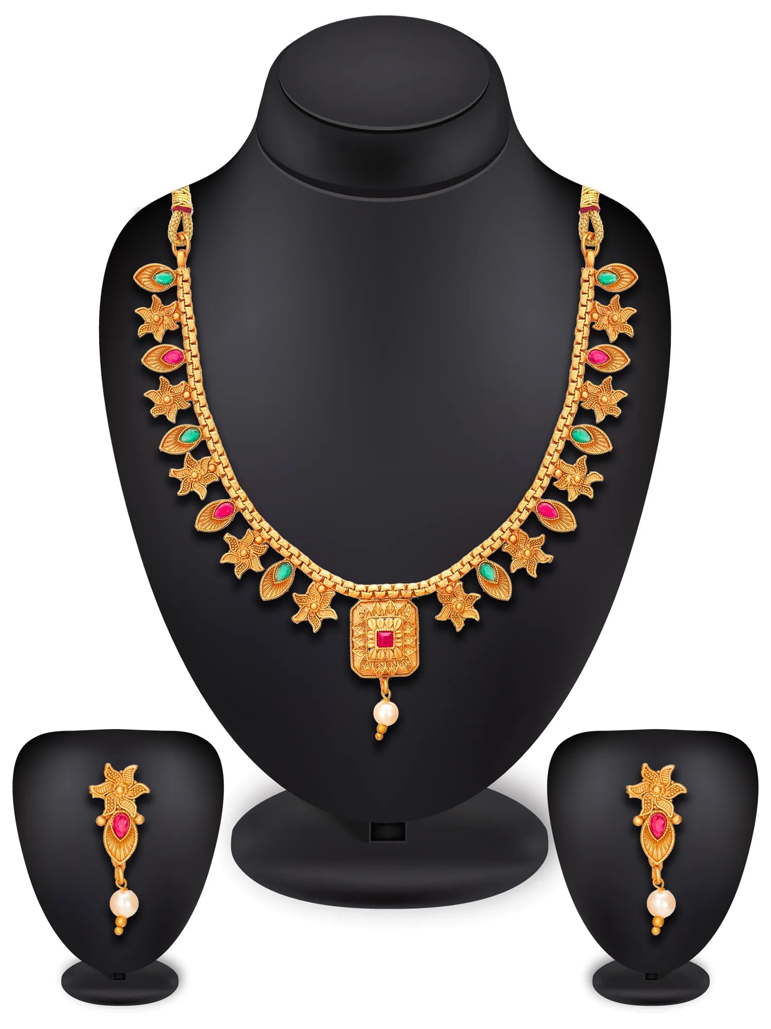 Gold-toned traditional Indian jewelry set featuring a necklace, matching earrings, and a stack of pearl beads, displayed on black mannequin busts against a white background.