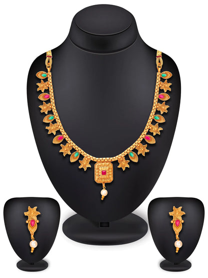 Gold-toned traditional Indian jewelry set featuring a necklace, matching earrings, and a stack of pearl beads, displayed on black mannequin busts against a white background.