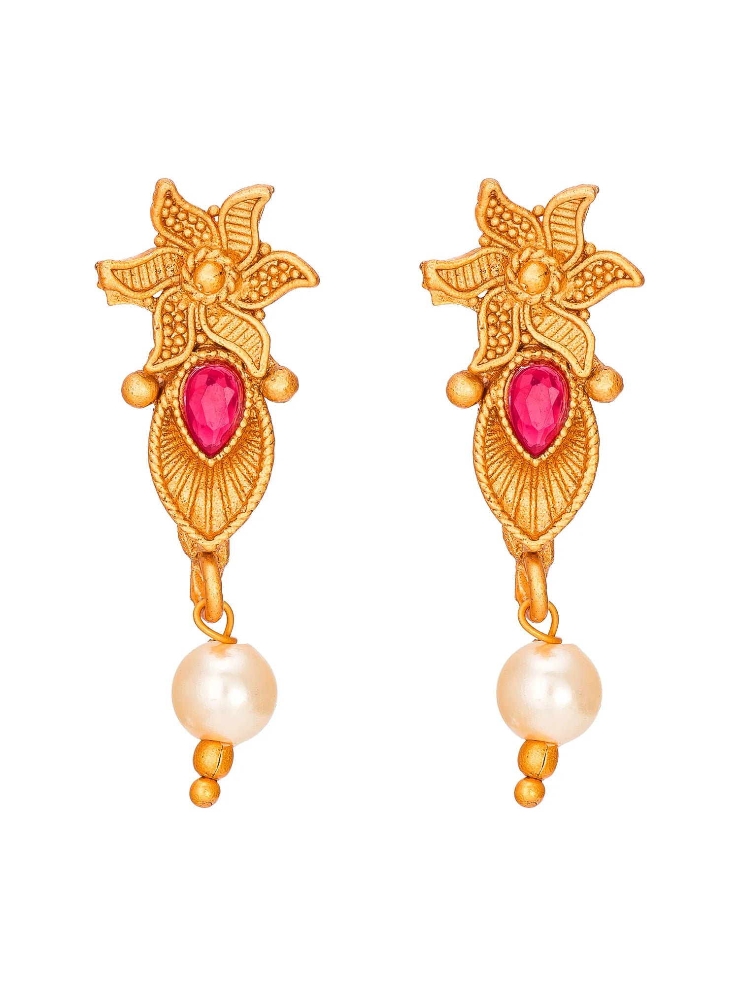 A pair of gold-toned traditional Indian dangle earrings featuring a floral motif, a pink teardrop gemstone, and a dangling white pearl bead.
